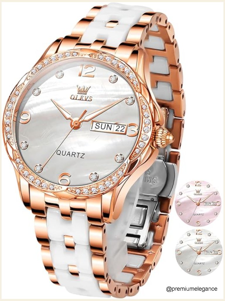 Ceramic Band Waterproof Dress Watch Quartz Analog Date Day Luminous Hands